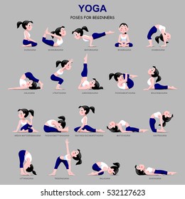 Fitness exercises with cartoon girl in blue and white suit isolated on gray background. Yoga Poses set with captions. Vector illustration.