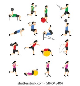 Fitness exercises character design. Vector Illustration.