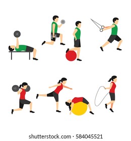 Fitness exercises character design. Vector Illustration.