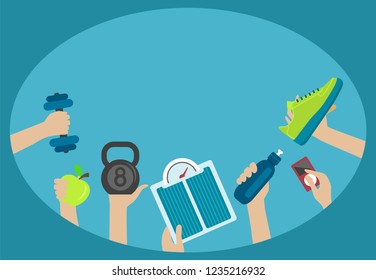Fitness and exercises concept, equipment for fitness, vector illustration