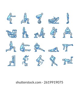 fitness exercises leg doodle icons set vector. sport workout, body training, health, healthy young person, fit gym, athlete active fitness exercises leg sketch hand drawn