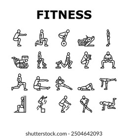 fitness exercises leg icons set vector. sport workout, body training, health, healthy young person, fit gym, athlete active fitness exercises leg black contour illustrations