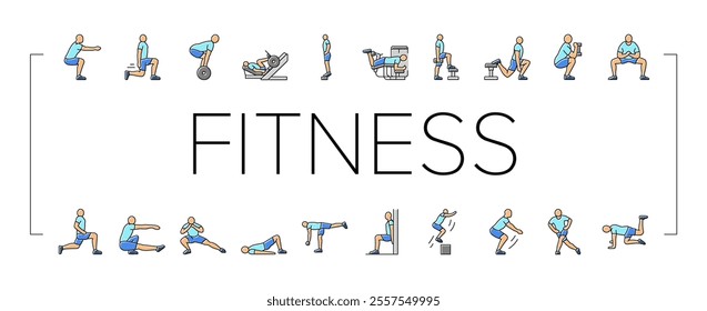 fitness exercises leg icons set vector. sport workout, body training, health, healthy young person, fit gym, athlete active fitness exercises leg color line illustrations