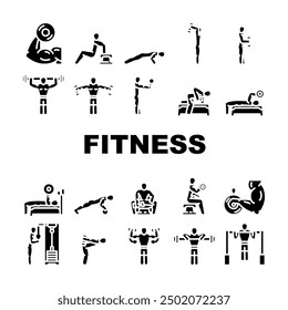 fitness exercises leg workout icons set vector. sport training, healthy young, person body, fit woman, athlete active, health fitness exercises leg workout glyph pictogram Illustrations