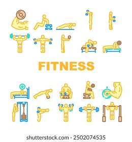 fitness exercises leg workout icons set vector. sport training, healthy young, person body, fit woman, athlete active, health fitness exercises leg workout color line illustrations