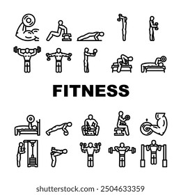 fitness exercises leg workout icons set vector. sport training, healthy young, person body, fit woman, athlete active, health fitness exercises leg workout black contour illustrations