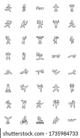 Fitness exercises line icons set. Sport linear style symbols collection outline signs pack. Yoga poses vector graphics. Set includes icons - rhythmic gymnastics, tennis, stretching, abdominal muscles