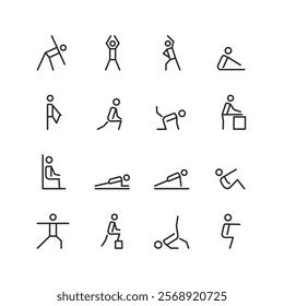 Fitness Exercises, linear style icon set. Various workout and stretching poses. Physical activity for strength, flexibility, and overall health. Push-ups, squats and lunges Editable stroke width