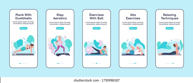 Fitness exercises onboarding mobile app screen flat vector template