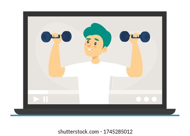 Fitness exercises online vector isolated. Active and healthy lifestyle, workout at home. Smart training. Man doing arm workout with dumbbell