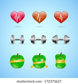 Fitness exercises progress icons set of heart rate dumbbell and apple isolated vector illustration