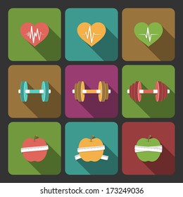 Fitness exercises progress icons set of cardio equipment and diet isolated vector illustration