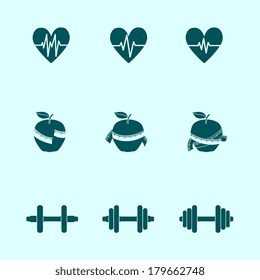 Fitness exercises progress icons set of heart rate strength and slimness isolated vector illustration