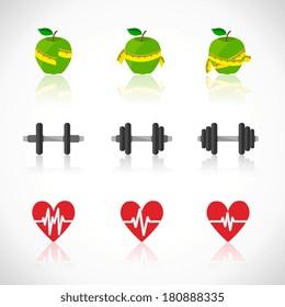 Fitness exercises progress icons set of heart rate strength and slimness isolated vector illustration