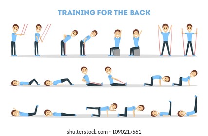 Fitness exercises set. Man doing fitness in gym for back.