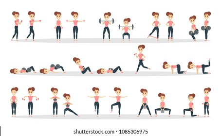 Fitness exercises set. Woman doing fitness in gym.