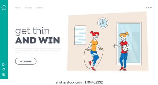 Fitness Exercises, Sport Activity, Healthy Lifestyle Landing Page Template. Sportswoman Training in Gym with Coach Jumping with Jump Rope. Female Character Workout. Linear People Vector Illustration