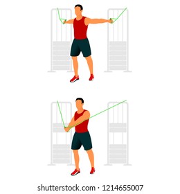 Fitness exercises for strong and beautiful body. Fitness, Aerobic and workout exercise in gym. Vector set of gym icons in line style isolated on white background. People in gym. Gym equipment.
