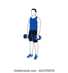 Fitness exercises for strong and beautiful hands. Fitness, Aerobic and workout exercise in gym. Vector set of gym icons in line style isolated on white background. People in gym. Gym equipment.