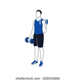 Fitness exercises for strong and beautiful hands. Fitness, Aerobic and workout exercise in gym. Vector set of gym icons in line style isolated on white background. People in gym. Gym equipment.