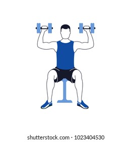 Fitness exercises for strong and beautiful shoulder. Fitness, Aerobic and workout exercise in gym. Vector set of gym icons in line style isolated on white background. People in gym. Gym equipment.