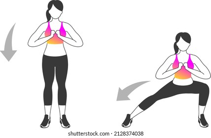 Fitness exercises for strong and beautiful woman. Fitness, Aerobic and workout exercise in gym. Vector set of gym icons in line style isolated on white background. People in gym. Gym equipment.