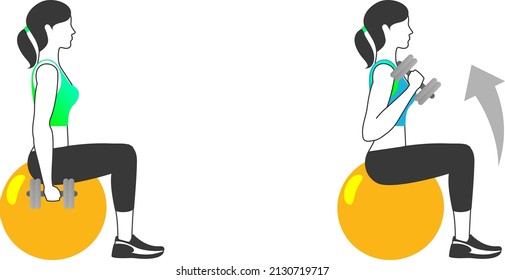 Fitness exercises for strong and beautiful woman. Fitness, Aerobic and workout exercise in gym. Vector set of gym icons in line style isolated on white background. People in gym. Gym equipment.