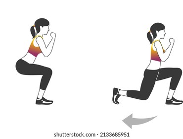 Fitness exercises for strong and beautiful woman. Fitness, Aerobic and workout exercise in gym. Vector set of gym icons in line style isolated on white background. People in gym. Gym equipment.