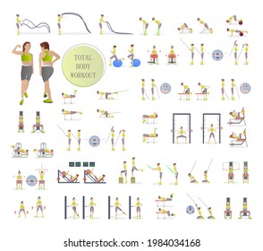 Fitness exercises total body. Fat burn  training in the gym . Fitness equipment. Total body workout. Exercises for all muscle groups
