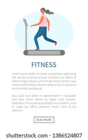 Fitness exercises of woman vector, website with text and sportive person training in gym. Losing weight on special machine, cardio running working out