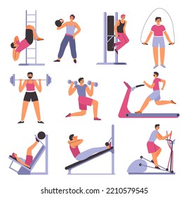 Fitness exercises and working out in gym, people using equipment for growing muscles and staying strong. Skipping rope and dumbbells, bike and orbitrek, ladder and machines. Vector in flat style