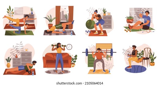 Fitness exercising at home web concept in flat design. Men, women and family doing workout, training with dumbbells or ball, practice yoga. Healthy lifestyle modern people scene. Vector illustration.