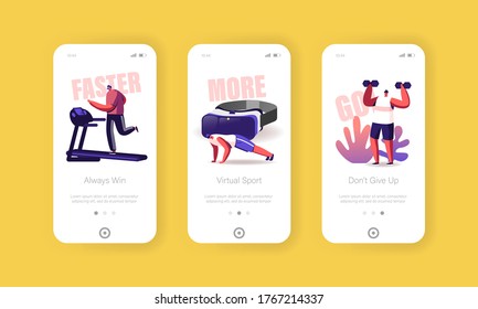 Fitness Exercising Mobile App Page Onboard Screen Template. Tiny Male Characters in Vr Goggles Training in Virtual Reality Cyberspace. Sports Workout Concept. Cartoon People Vector Illustration