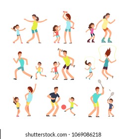 Fitness family, parents and kids training together. Active families doing sports exercise vector flat people isolated. Illustration of sport lifestyle parent with children