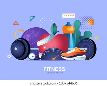 Fitness flat concept with gradients. Fitness center web template. Healthy lifestyle and natural food, motivation, sport equipment 3d composition, functional training vector illustration.