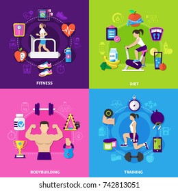 Fitness flat design concept with exercise equipment, diet food, bodybuilding, training isolated on colorful background vector illustration  