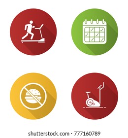 Fitness flat design long shadow glyph icons set. Sport equipment. Treadmill, trainings calendar, healthy nutrition, exercise bike. Vector silhouette illustration
