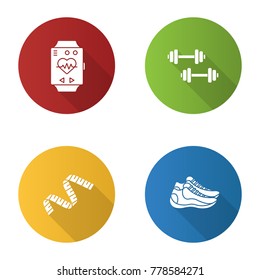 Fitness flat design long shadow glyph icons set. Sport equipment. Dumbbells, measuring tape, sneakers, sport bracelet. Vector silhouette illustration