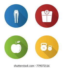 Fitness flat design long shadow glyph icons set. Sport equipment. Leggings, bathroom scales, apple, kettlebells. Vector silhouette illustration