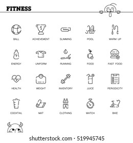 Fitness flat icon set. Collection of high quality outline symbols of sport for web design, mobile app. Vector thin line icons or logo of bike, cocktail, mat, pool, warm up, etc.