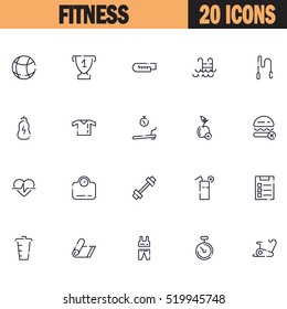Fitness flat icon set. Collection of high quality outline symbols of sport for web design, mobile app. Vector thin line icons or logo of bike, cocktail, mat, pool, warm up, etc.
