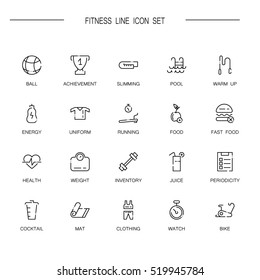 Fitness flat icon set. Collection of high quality outline symbols of sport for web design, mobile app. Vector thin line icons or logo of bike, cocktail, mat, pool, warm up, etc.