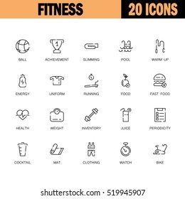Fitness flat icon set. Collection of high quality outline symbols of sport for web design, mobile app. Vector thin line icons or logo of bike, cocktail, mat, pool, warm up, etc.