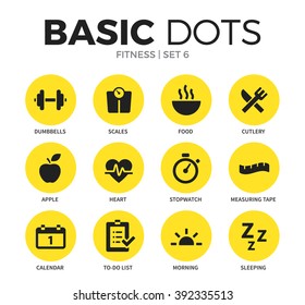 Fitness flat icons set with dumbbells form, food form and scales form isolated vector illustration on white