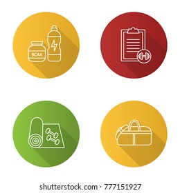 Fitness flat linear long shadow icons set. Sports equipment. BCAA supplement, exercise guide, fitness mat and dumbbells, sports bag. Vector outline illustration