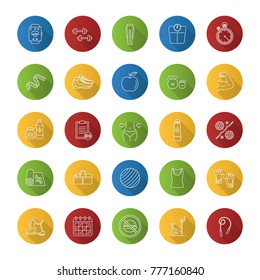 Fitness flat linear long shadow icons set. Sports equipment. Exercise machines, barbells, dumbbells, clothes. Vector outline illustration