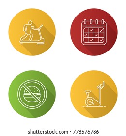 Fitness flat linear long shadow icons set. Sports equipment. Treadmill, trainings calendar, healthy nutrition, exercise bike. Vector outline illustration