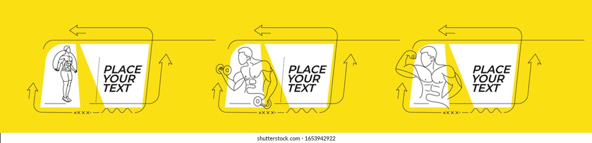 Fitness Flat linear promotion geometric shapes banner, scroll,  sticker, badge, price tag, poster.