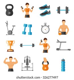 Fitness Flat Style Icons Set With Sportsmen Athletes Equipment And Gear Isolated Vector Illustration