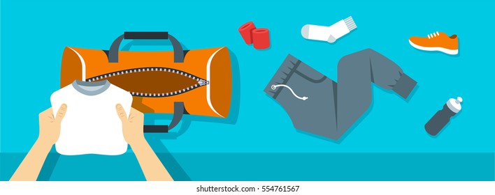 Fitness Flat Vector Background. Man Puts Stuff For Gym Physical Training Into Sport Bag. Top View Horizontal Banner. Workout Clothes And Shoes, Water Bottle. Healthy Lifestyle Concept. Simple Design